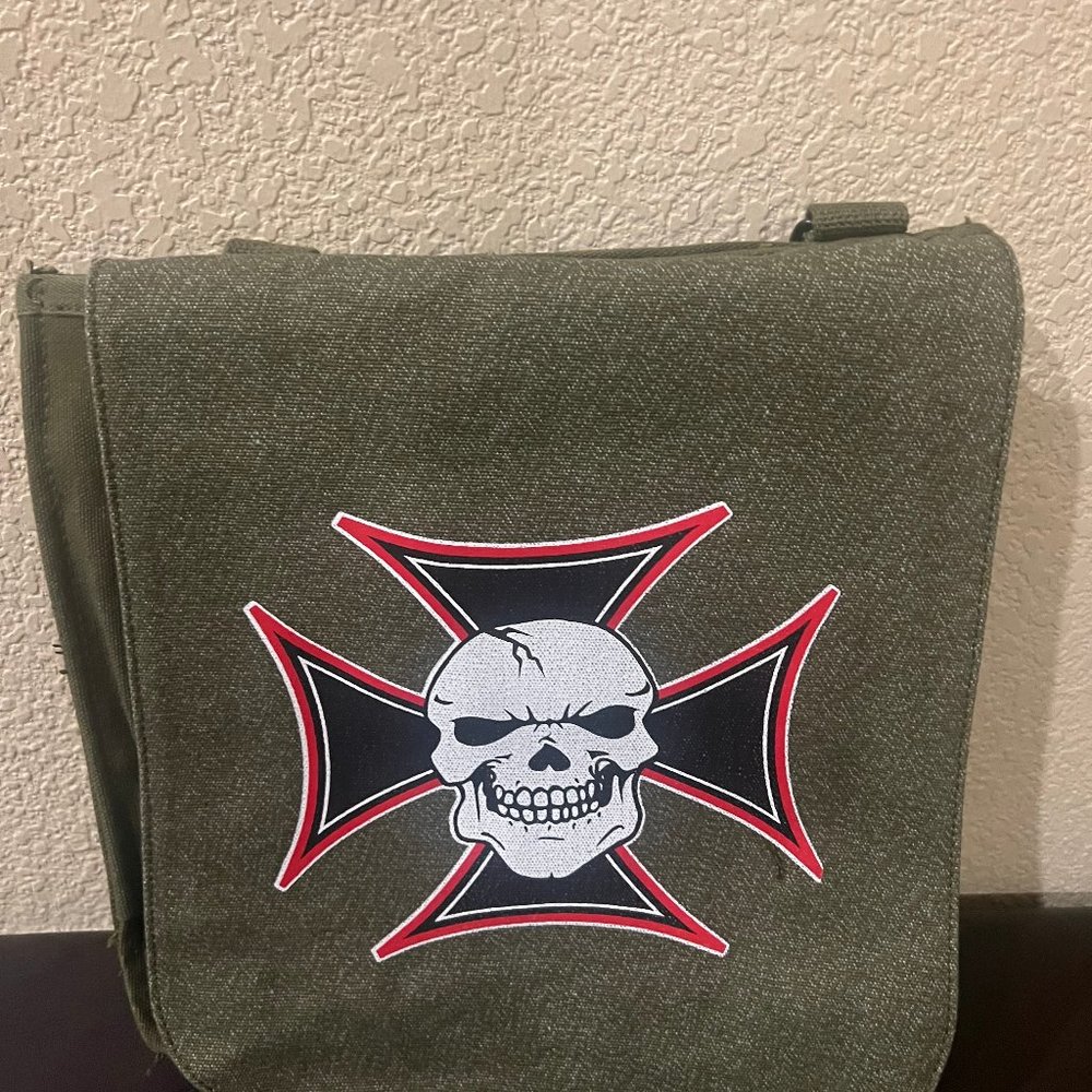 ARMY Vintage Canvas Military Tech/Messenger Bag With Cross & Skull Print - NEW